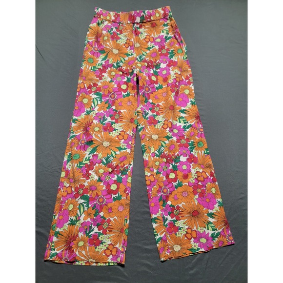 Peaches & Oranges Pants - Peaches & Oranges Floral Wide Leg Pants Orange Pink 70s Style XS